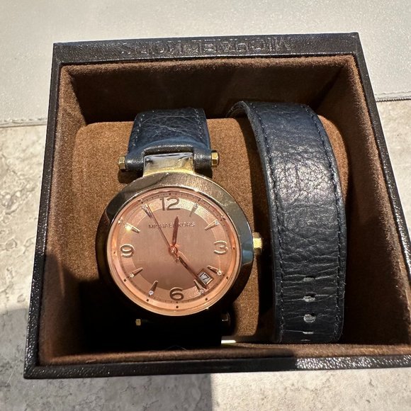 Michael Kors Rose Gold Genuine Leather Double Strap Watch - Picture 1 of 9